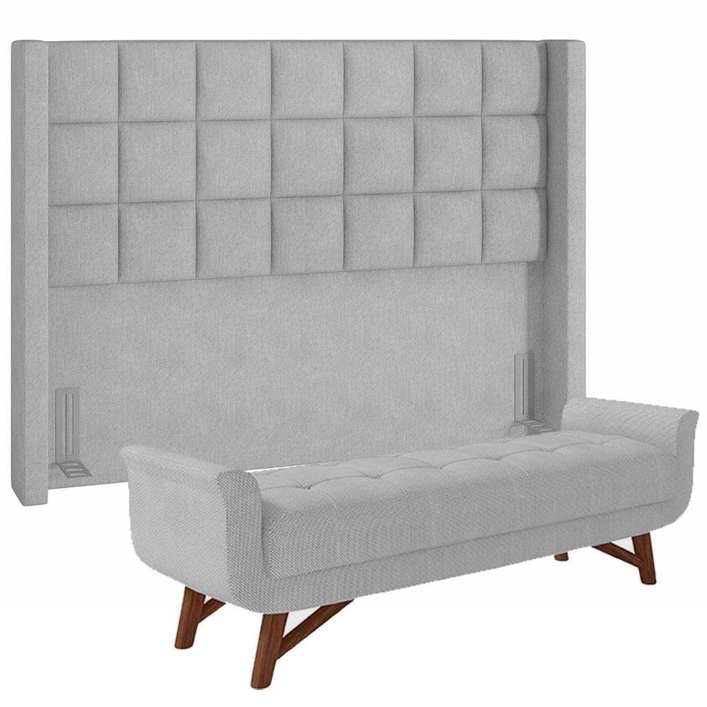 Kit Cabeceira Cama Box Casal 140cm Paris Com Puff Recamier Itália Linho Cinza