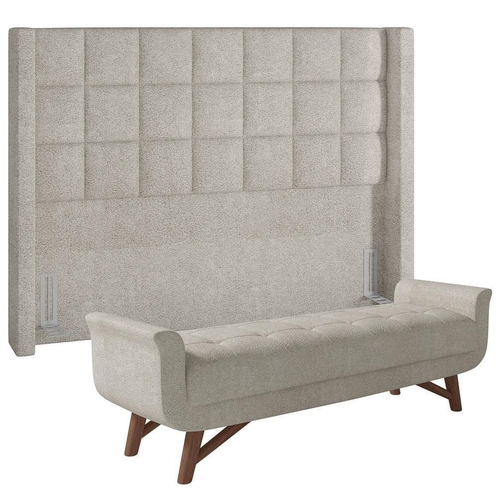 Kit Cabeceira Cama Box Paris 140cm Com Puff Recamier Itália P05 Bouclê Creme