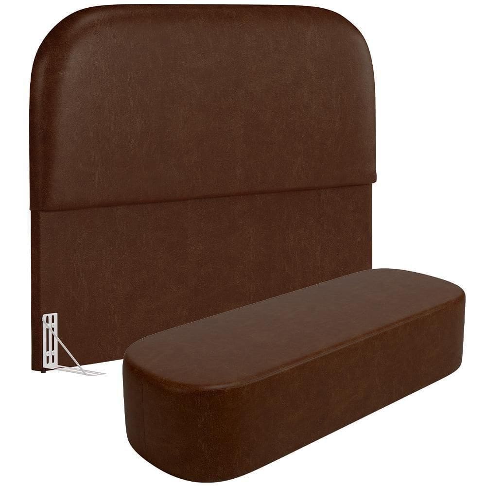 Cabeceira Cama Box Casal 140cm Lanna Com Puff Recamier Doha W01 Couríssimo Marrom - Lyam Decor