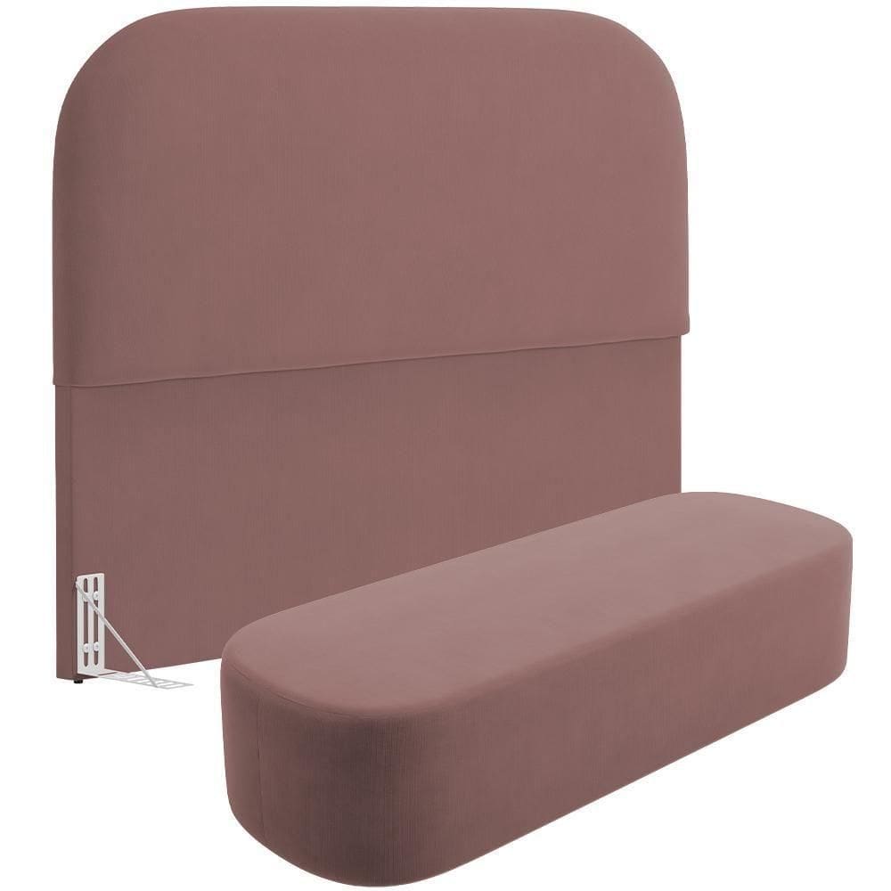 Cabeceira Cama Box Casal 140cm Lanna Com Puff Recamier Doha W01 Suede Rosê - Lyam Decor