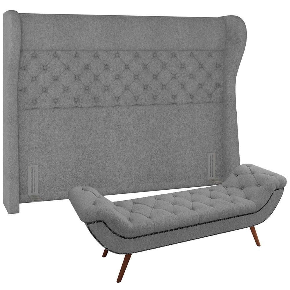 Kit Cabeceira Cama Box Casal 195cm Madrid Com Puff Recamier Santorini Bouclê Cinza