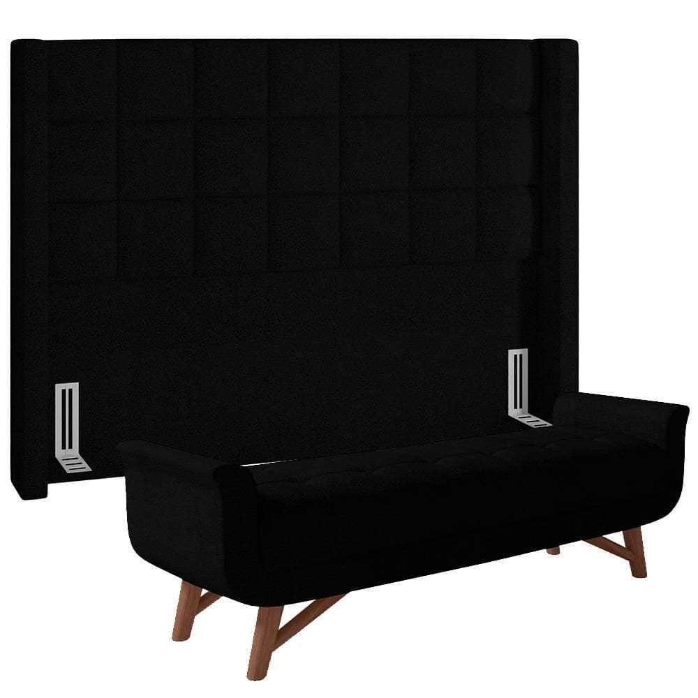 Kit Cabeceira Cama Box Paris 160cm Com Puff Recamier Itália Bouclê Preto