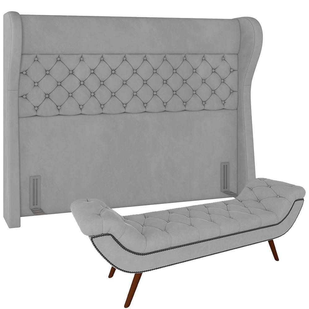 Kit Cabeceira Cama Box Casal 160cm Madrid Com Puff Recamier Santorini Veludo Cinza