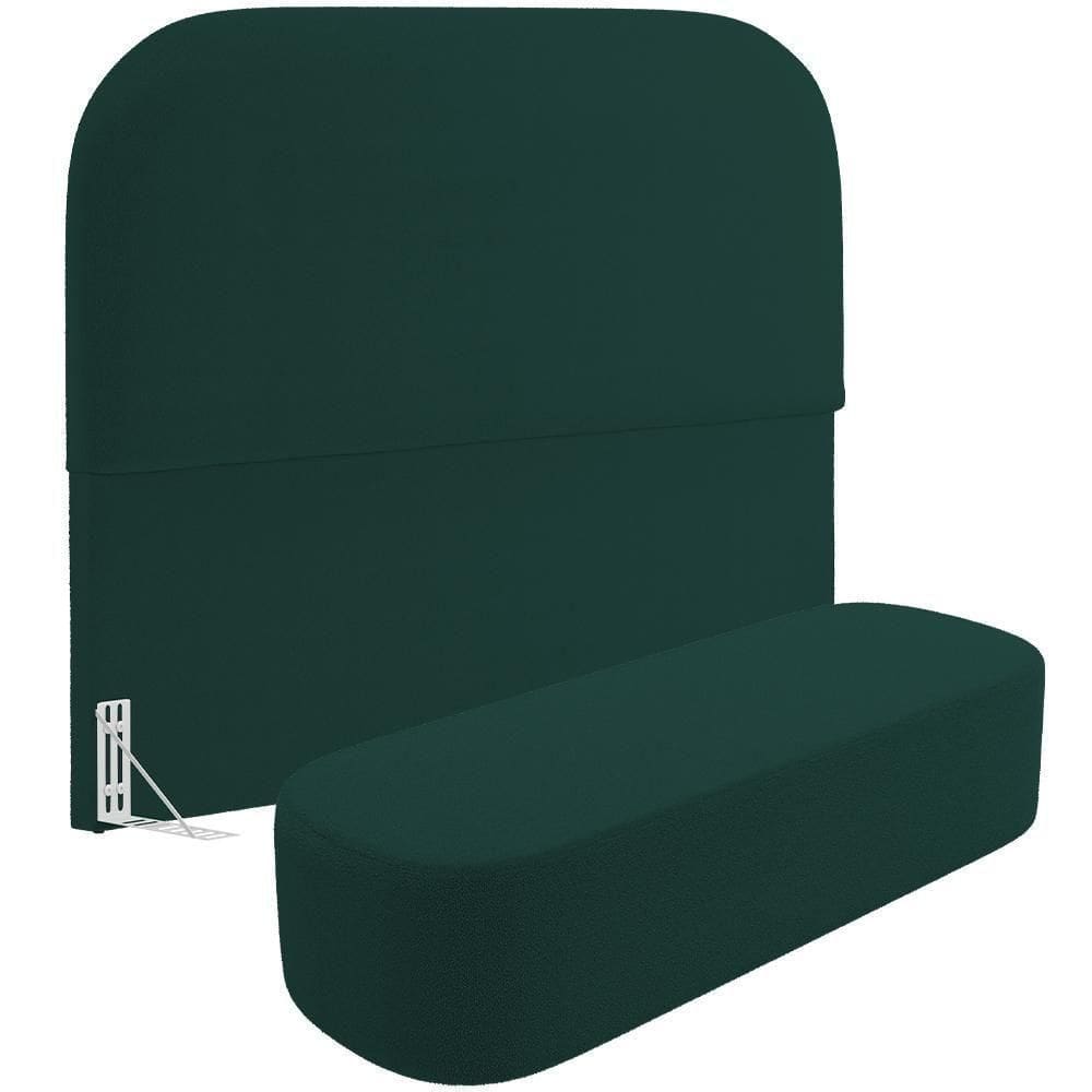 Cabeceira Cama Box Casal 140cm Lanna Com Puff Recamier Doha W01 Bouclê Verde - Lyam Decor