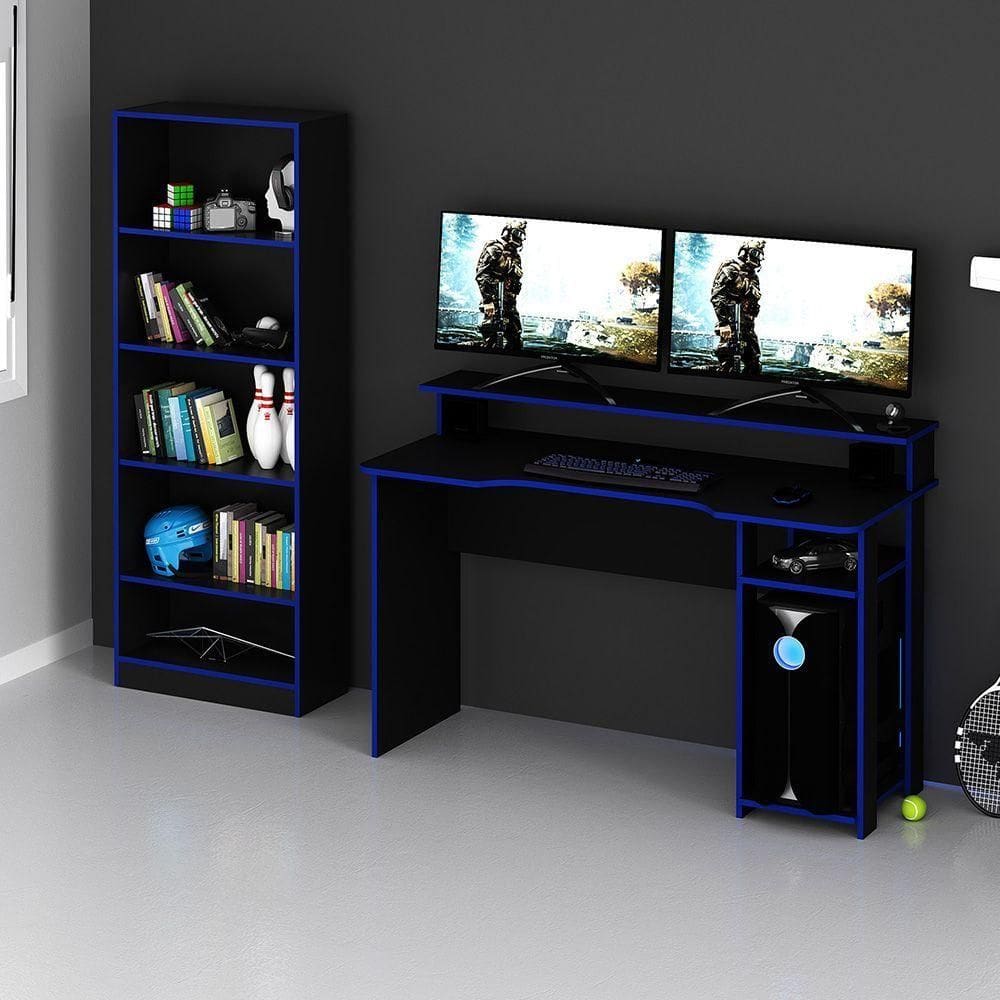 Mesa E Armário Para Escritório Cool Mdp Preto/Azul
