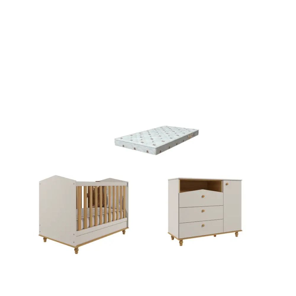 Quarto Bebe Berço e Cômoda MDF Dorabelly Sinha + Colchão