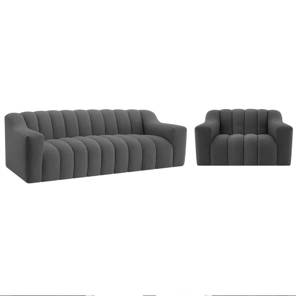 Kit 1 Sofá 200cm 1 Poltrona Luxo Recepção Sala Elegance Linho Cinza Escuro