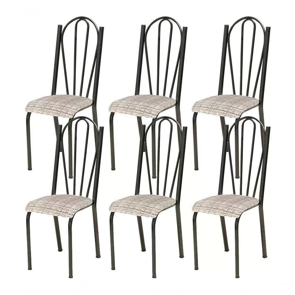 Kit 06 Cadeiras Tubular Cromo Preto 021 Assento Rattan Ratta