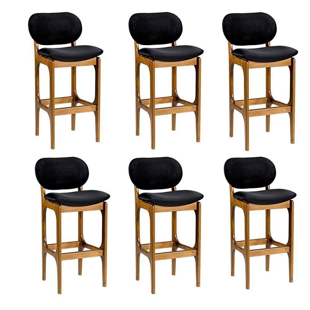 Kit 6 Banquetas Alta Soshoku Suede Preto/Imbuia