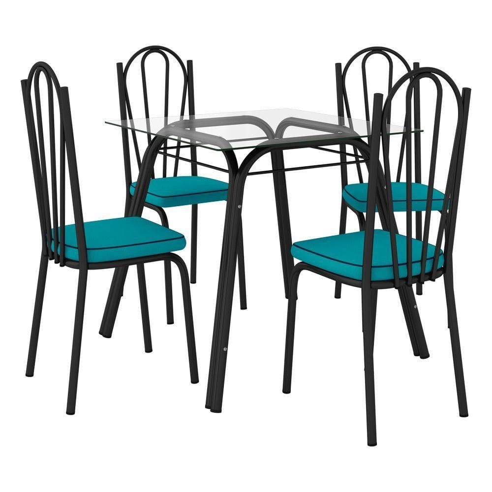 Conjunto Mesa Lotus Preto 4 Cadeiras 121 Assento Azul