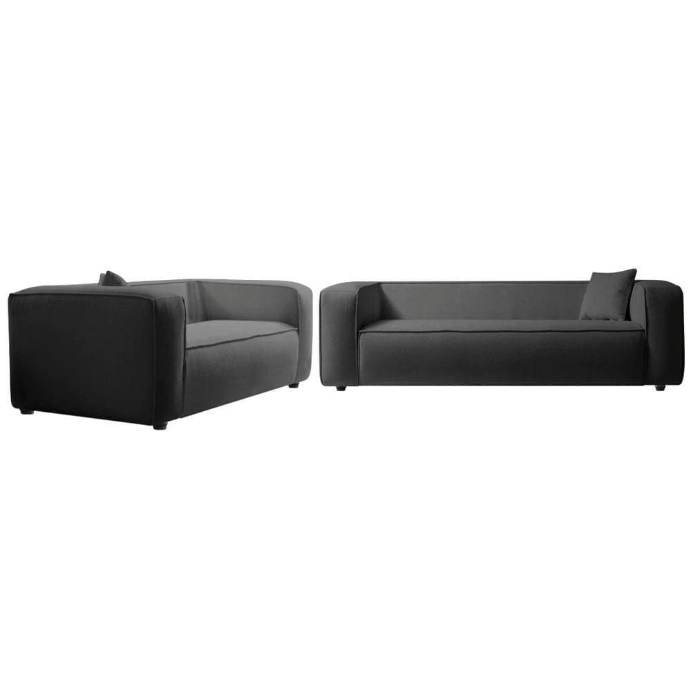 Kit Sofá 3 Lugares 200cm E Poltrona Decorativa Escritório Orgânico Cecília Linho Cinza Escuro