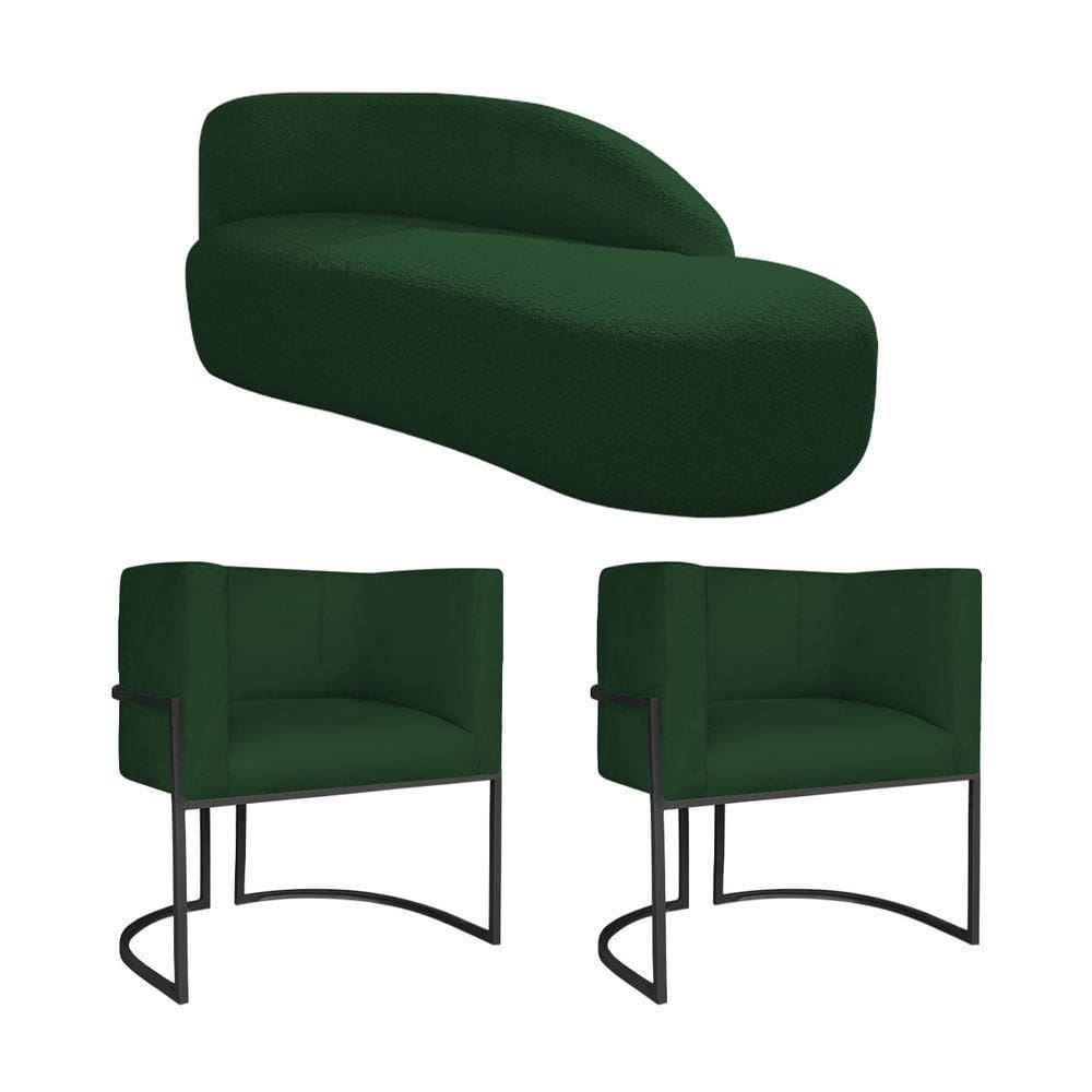 Kit Divã Luna 140cm Lado Direito E 02 Poltronas Base De Ferro Preto Suede Verde