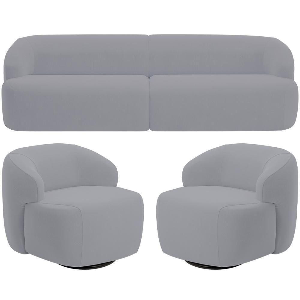 Sofá 4 Lugares Curvo Orgânico Com 02 Poltronas Living 280cm Barolo L06 Veludo Cinza