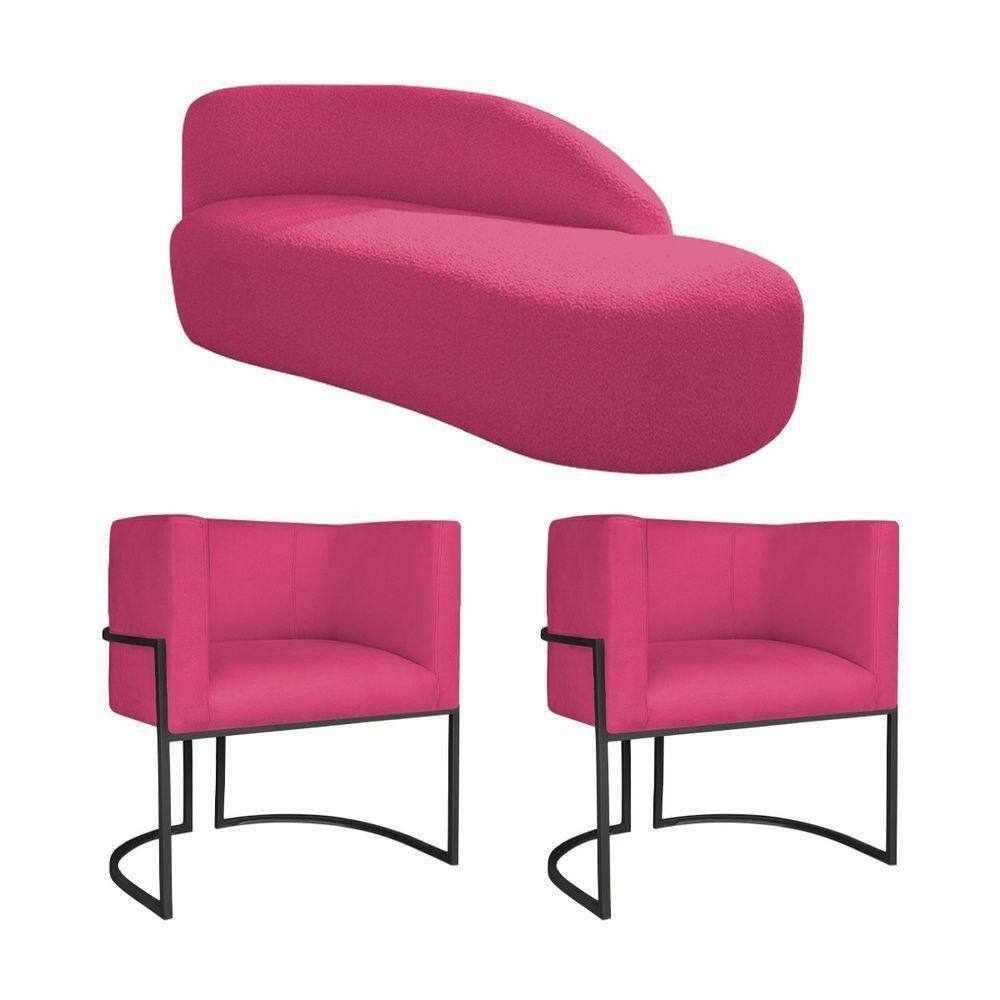 Kit Divã Luna 185cm Lado Direito E 02 Poltronas Base De Ferro Preto Suede Pink