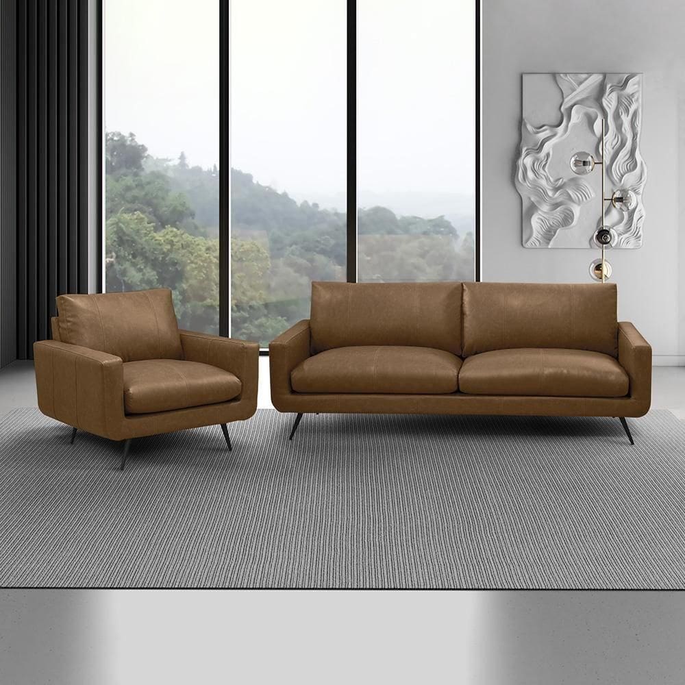 Conjunto Sala De Estar Paloma 1 Sofá 3 Lugares 223cm 1 Poltrona Couro Marrom Claro Manchado
