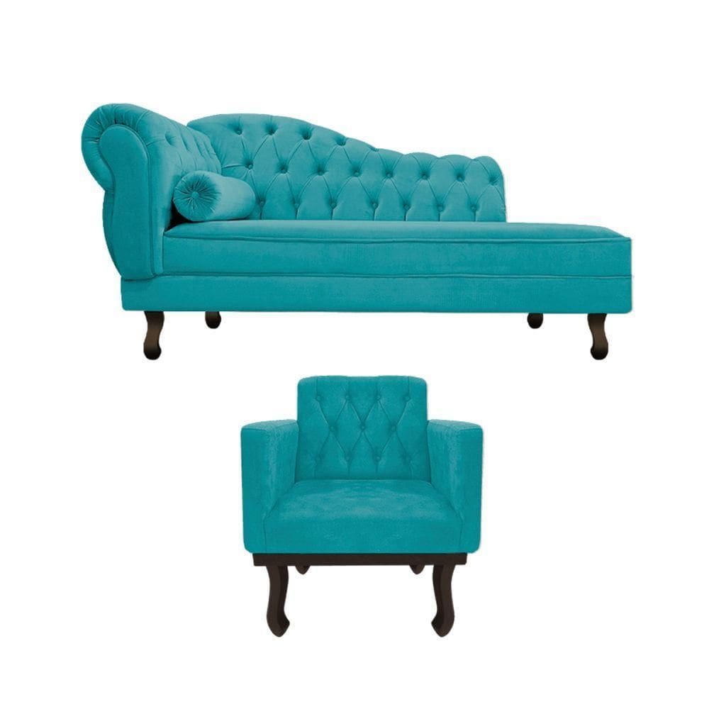 Kit Diva Recamier Diana 120cm Lado Direito E 1 Poltrona Classic Suede Azul Turquesa