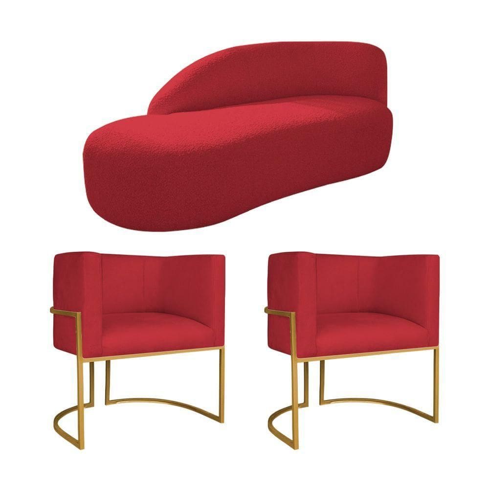 Kit Divã Luna 160cm Lado Esquerdo E 02 Poltronas Base De Ferro Dourado Suede Vermelho
