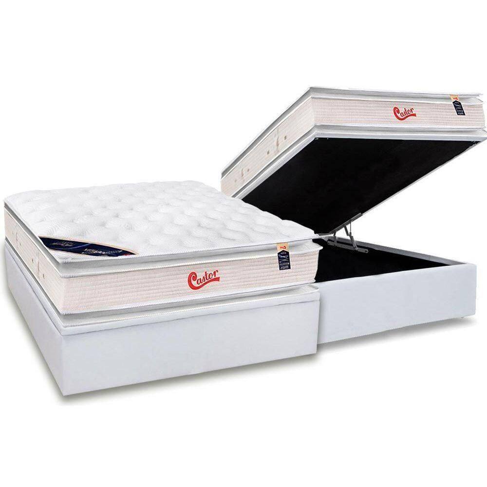 Cama Box Baú Casal: Colchão Molas Ensacadas Castor Gold Star Vitagel Slx + Base White(138X188)