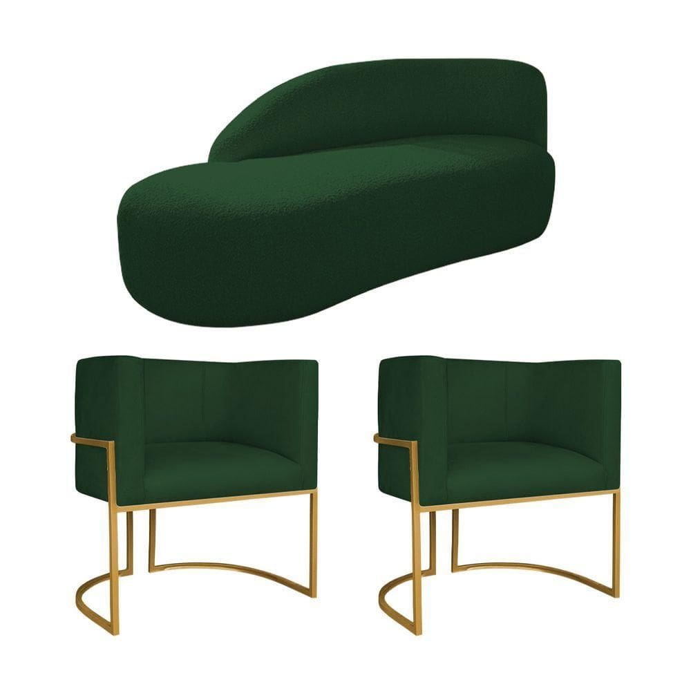 Kit Divã Luna 185cm Lado Esquerdo E 02 Poltronas Base De Ferro Dourado Suede Verde