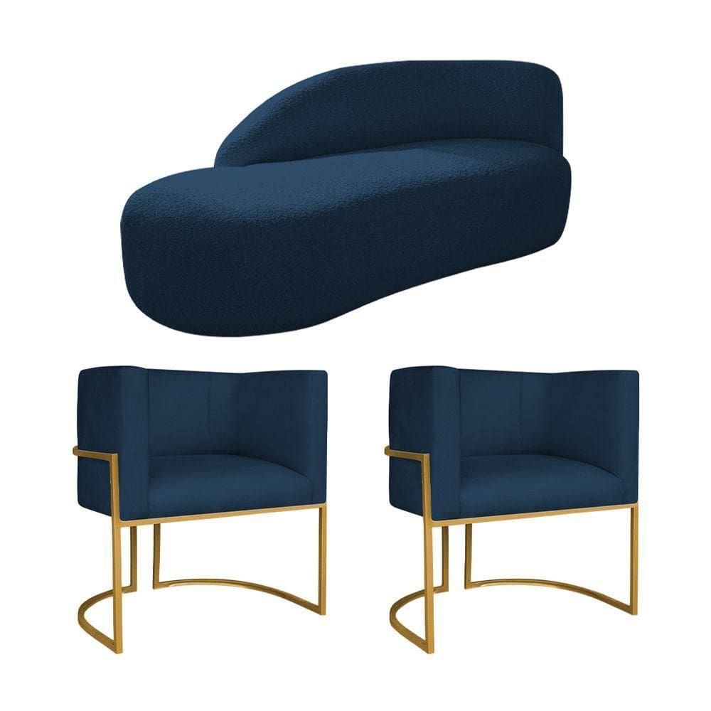 Kit Divã Luna 160cm Lado Esquerdo E 02 Poltronas Base De Ferro Dourado Suede Azul Marinho