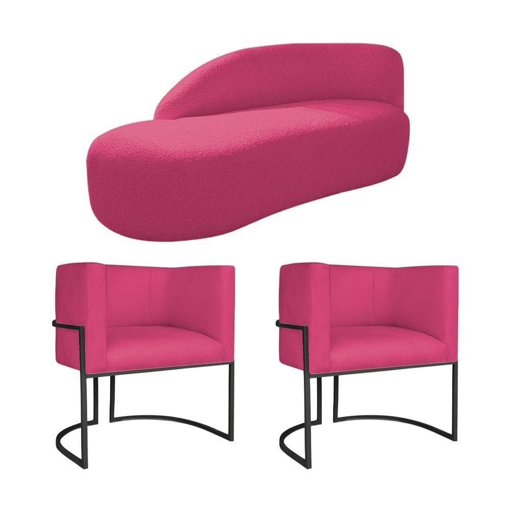 Kit Divã Luna 160cm Lado Esquerdo E 02 Poltronas Base De Ferro Preto Suede Pink