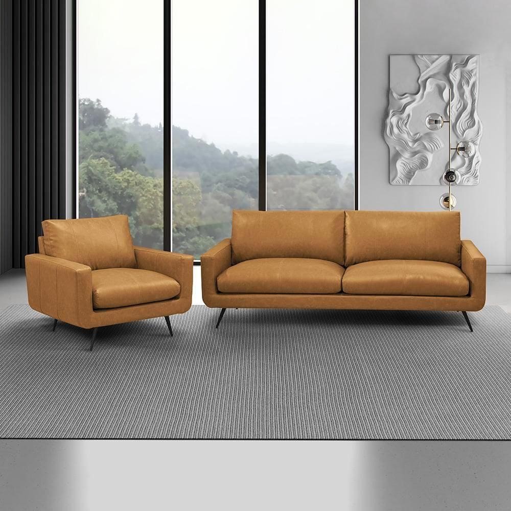Conjunto Sala De Estar Paloma 1 Sofá 2 Lugares 183cm 1 Poltrona Couro Caramelo Manchado
