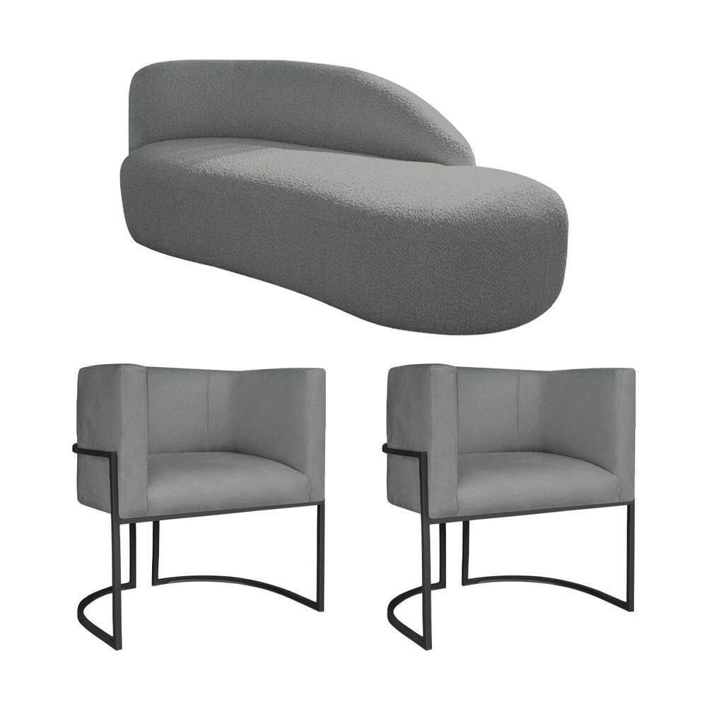 Kit Divã Luna 140cm Lado Direito E 02 Poltronas Base De Ferro Preto Suede Cinza