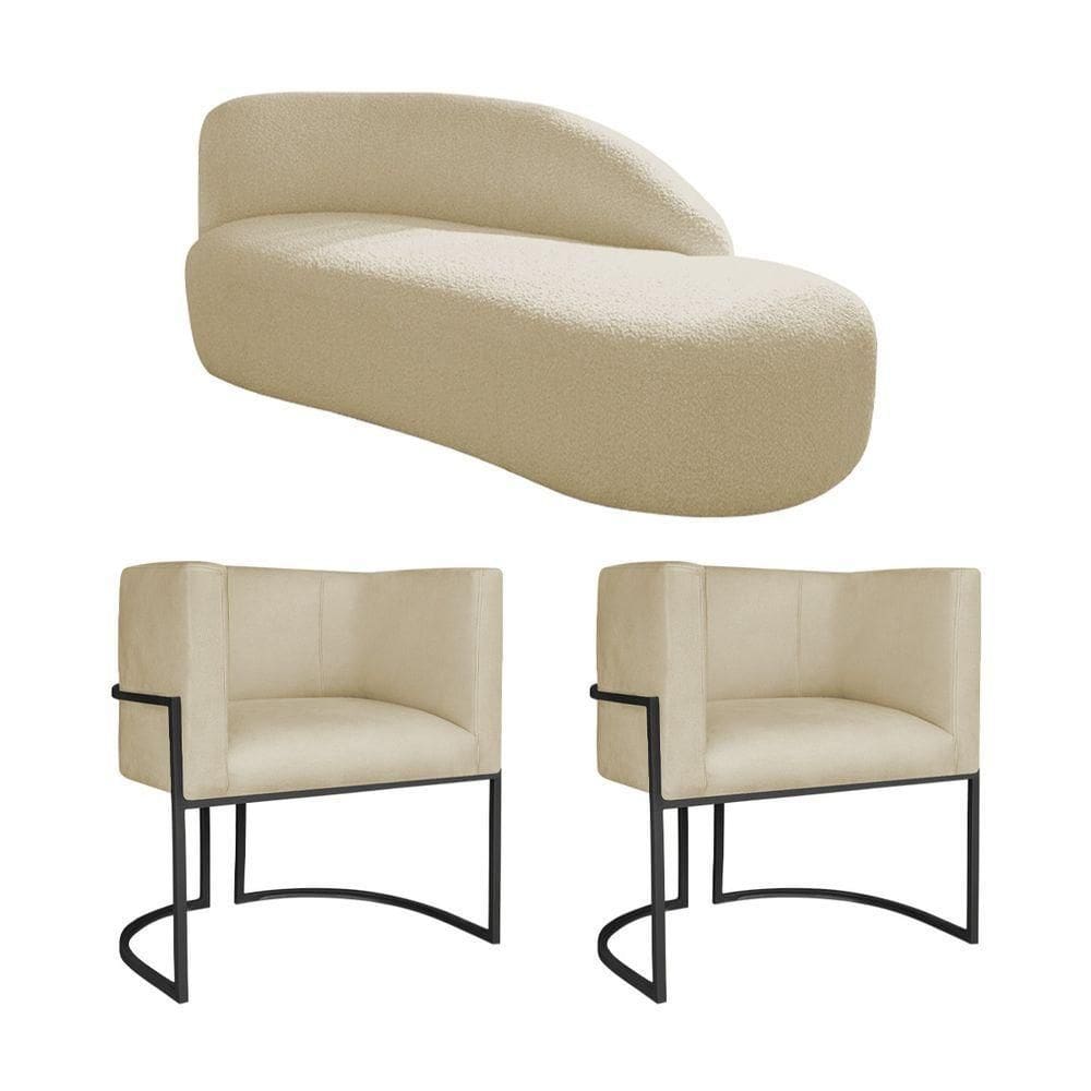 Kit Divã Luna 140cm Lado Direito E 02 Poltronas Base De Ferro Preto Suede Bege