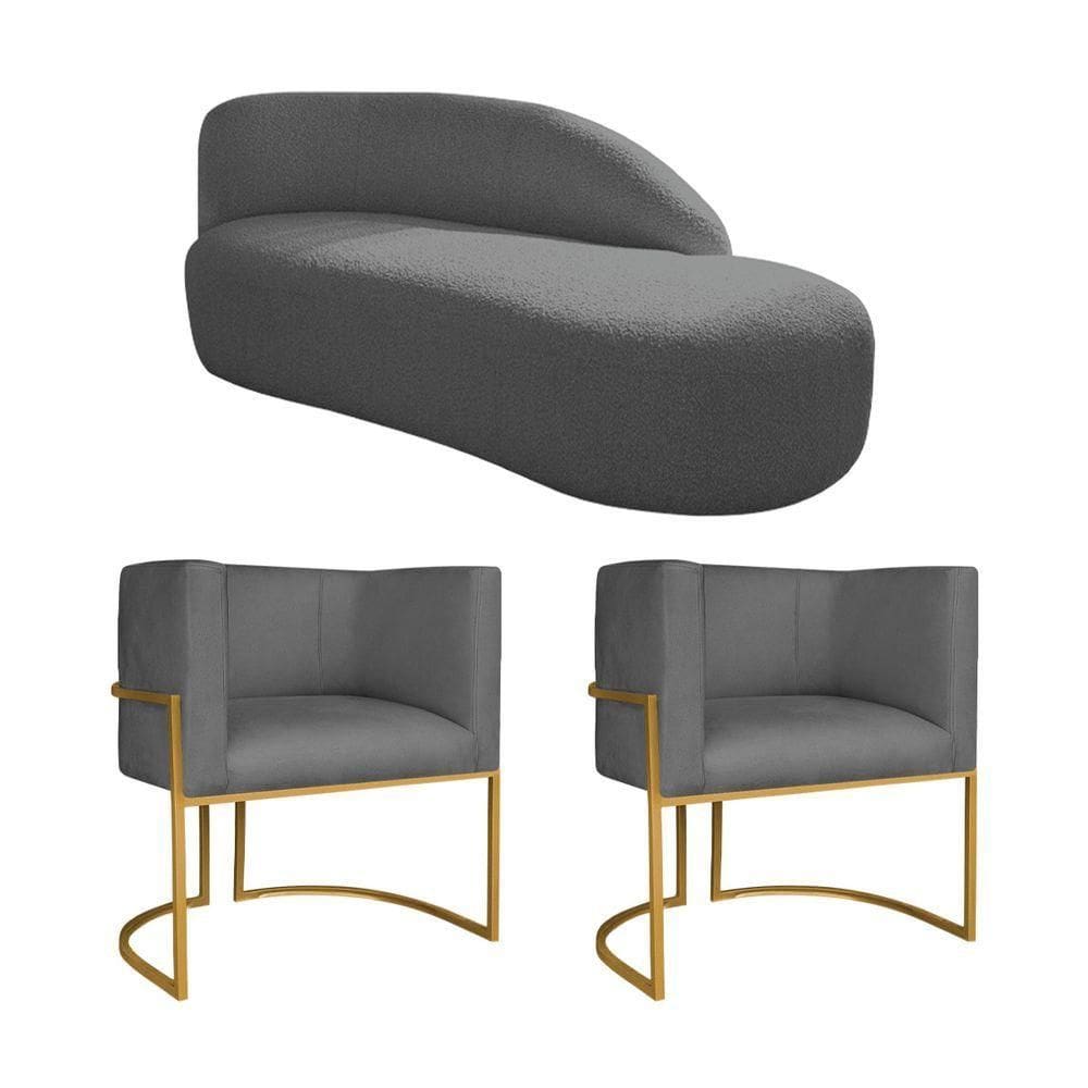 Kit Divã Luna 140cm Lado Direito E 02 Poltronas Base De Ferro Dourado Linho Cinza Escuro