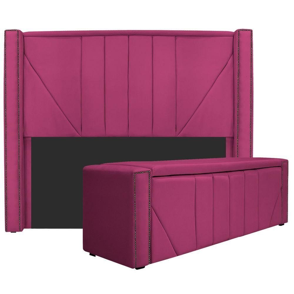Kit Cabeceira E Calçadeira Baú Queen 160cm Suede Pink