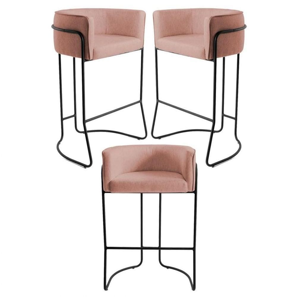 Kit 3 Banquetas Decorativas Base Aço Preto Betina C-105 Linho Rosê - Domi