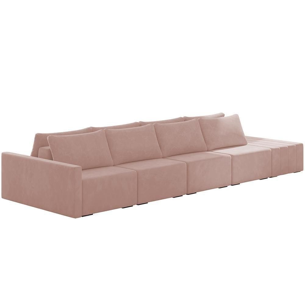 Sofá Ilha Modular Para Sala 432cm Com Puff Dublin K01 Veludo Rosê - Lyam Decor