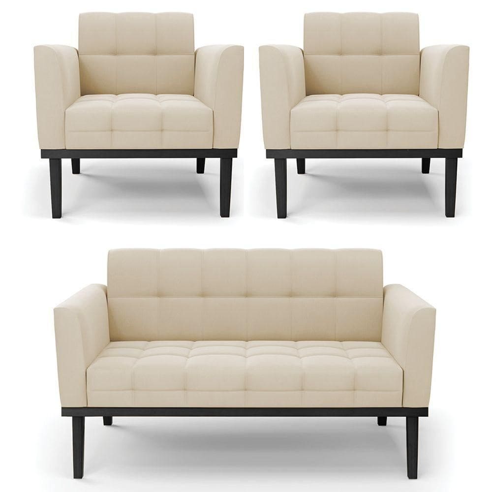 Sofá Namoradeira E 2 Poltronas Base Madeira Preto Ana Suede Bege