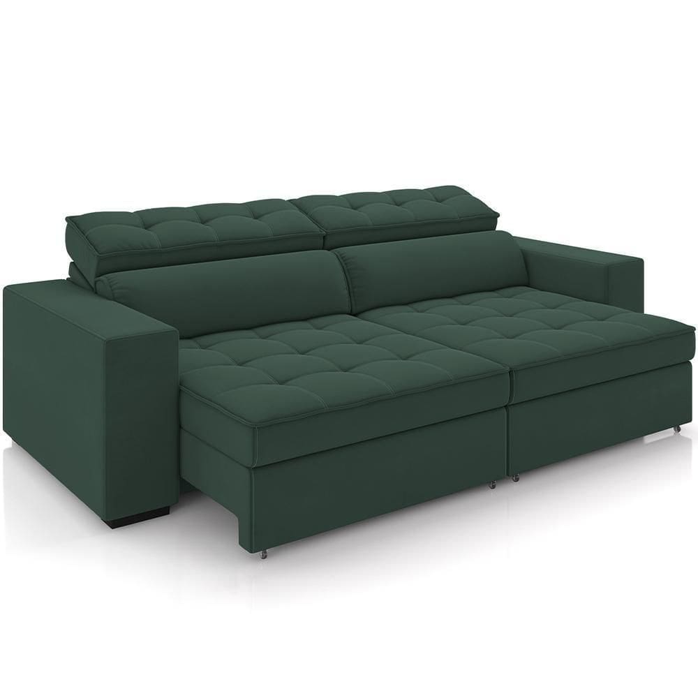 Sofá Retrátil Reclinável Para Sala De Estar Living 246cm Clara M03 Veludo Verde Musgo - Lyam Decor