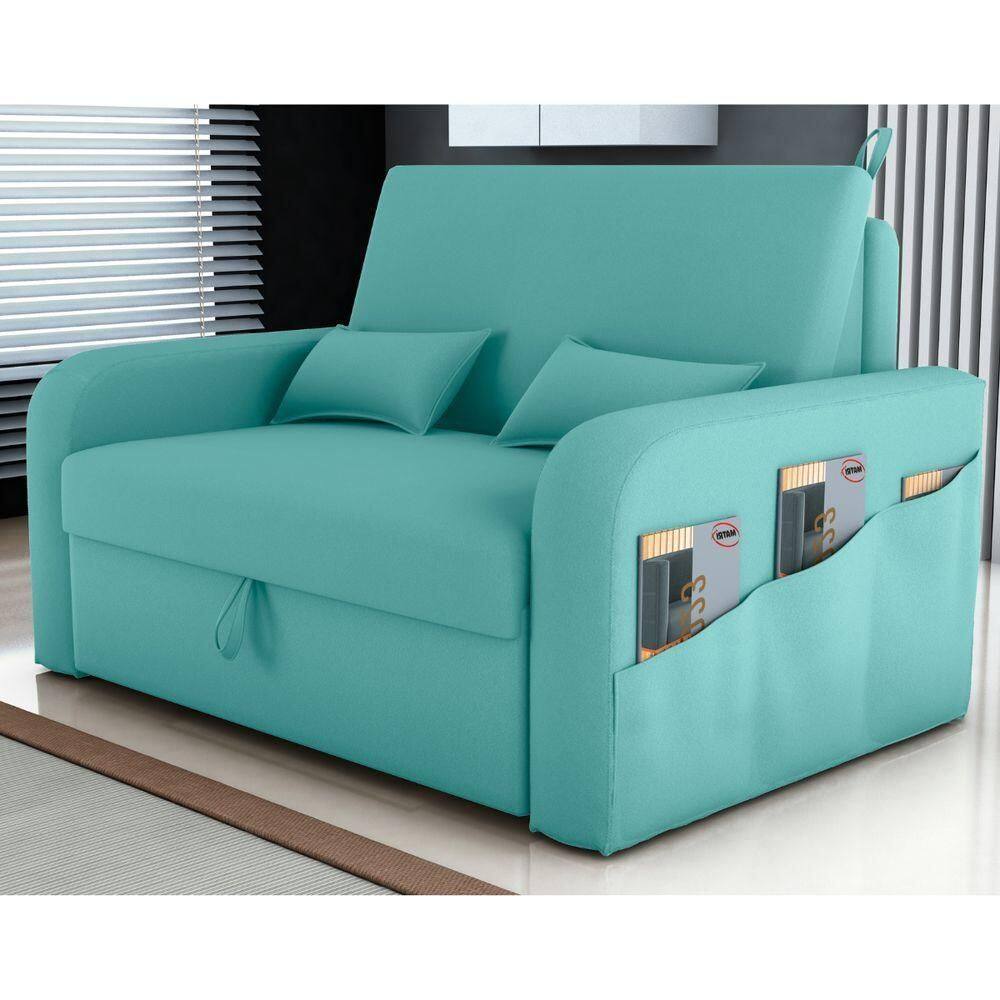 Sofá Cama Com Baú Luka Veludo Verde Menta