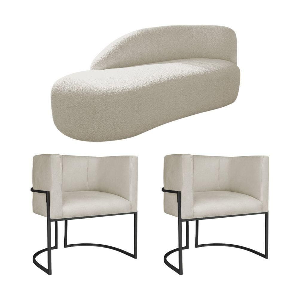 Kit Divã Luna 140cm Lado Esquerdo E 02 Poltronas Base De Ferro Preto Bouclé Bege