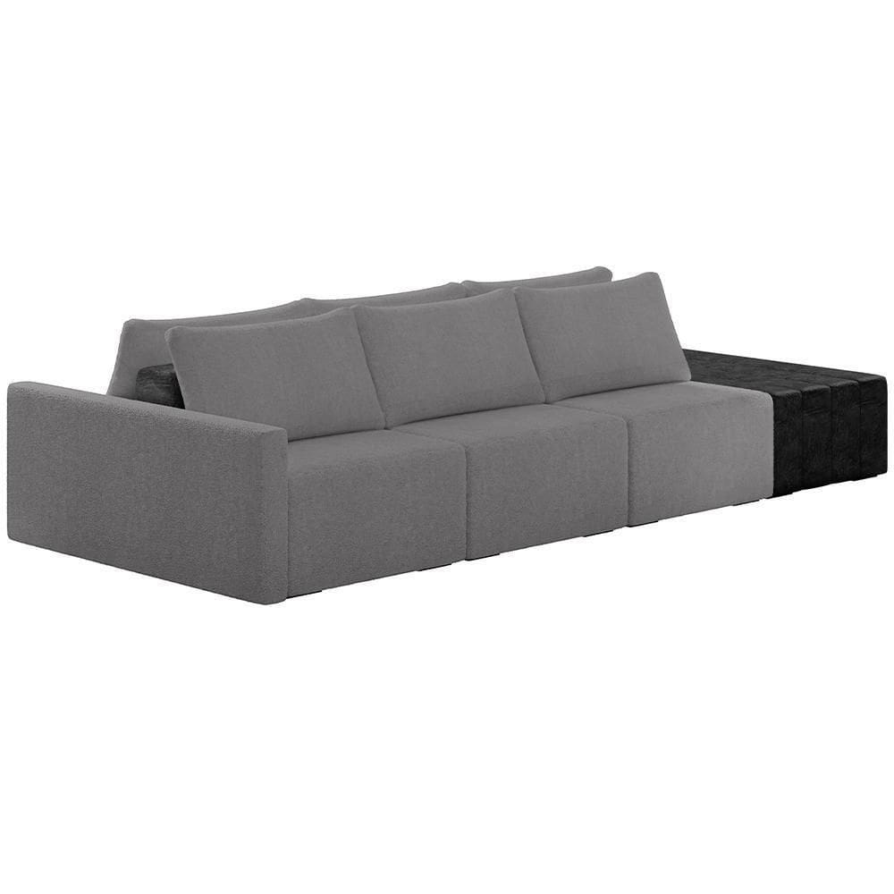 Sofá Ilha Modular Para Sala 342cm Com Puff Dublin K01 Bouclê Cinza E Sintético Preto - Lyam Decor