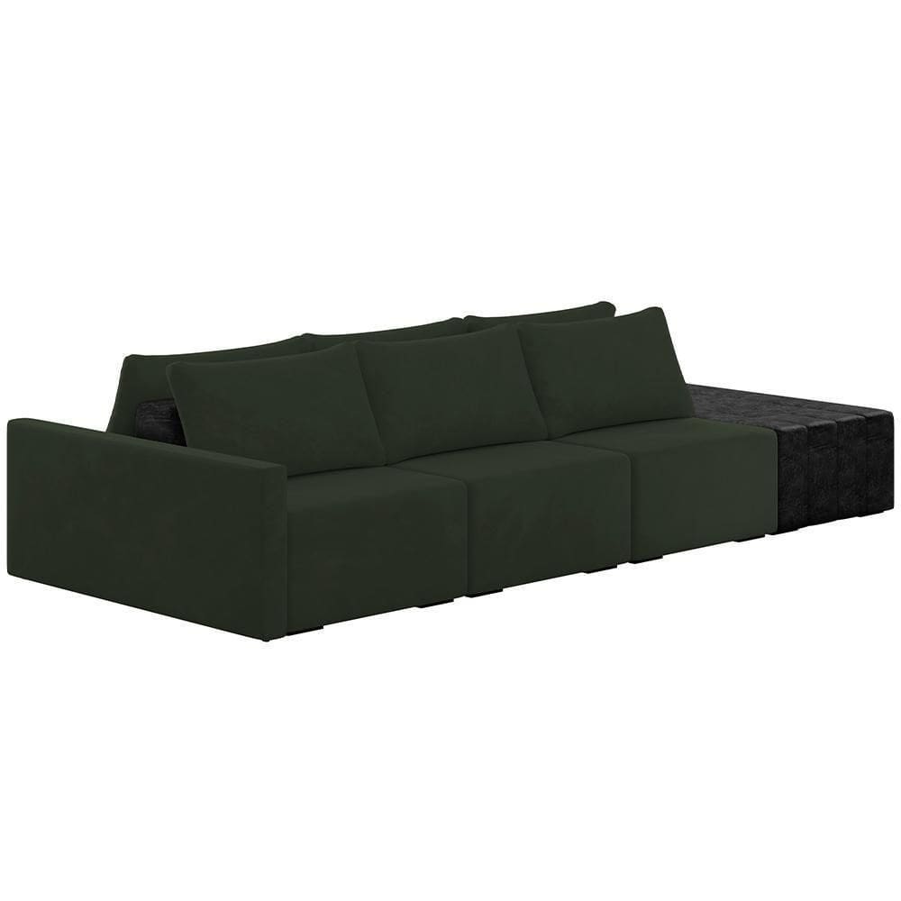 Sofá Ilha Modular Para Sala 342cm Com Puff Dublin K01 Veludo Verde E Sintético Preto - Lyam Decor