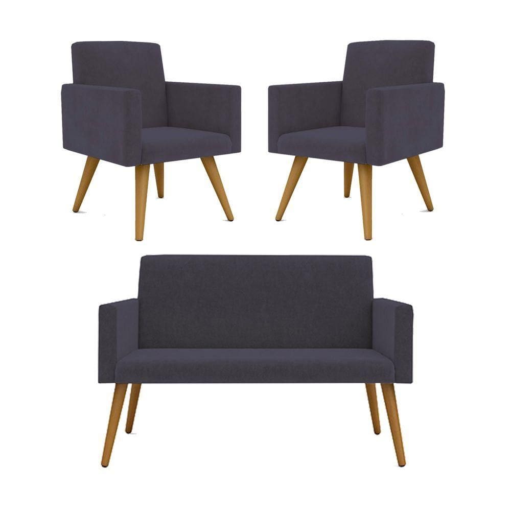 Kit Namoradeira + 02 Poltronas Decorativas Nina Cinza