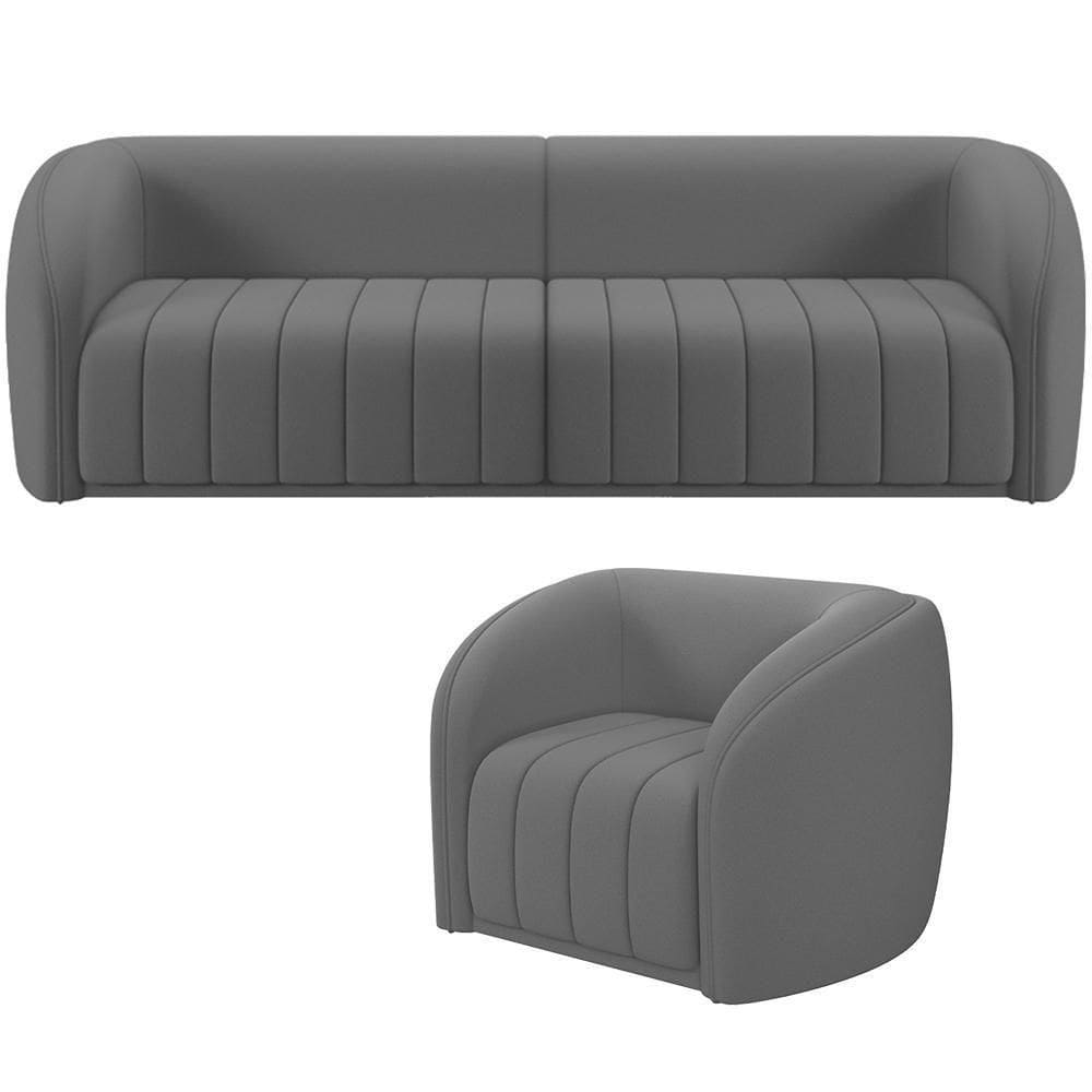 Kit Sofá 4 Lugares Para Sala 252cm Com 01 Poltrona Lazio M03 Veludo Cinza