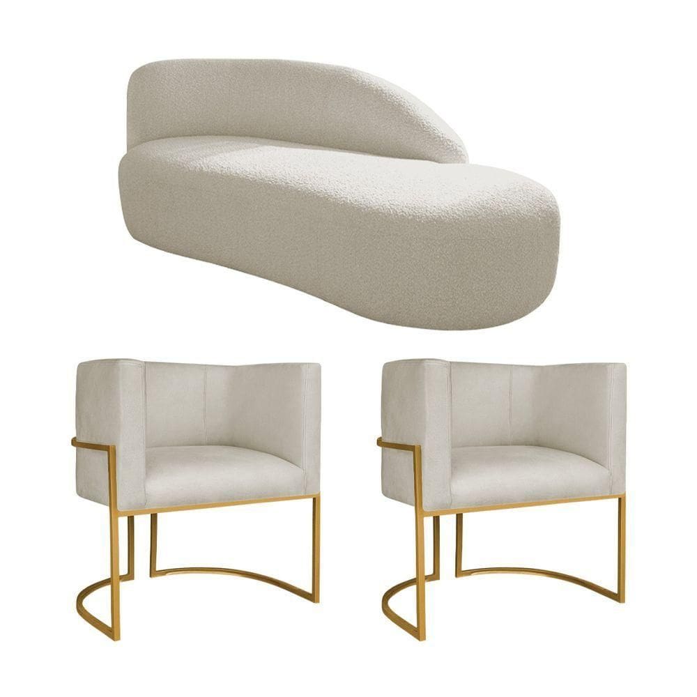 Kit Divã Luna 160cm Lado Direito E 02 Poltronas Base De Ferro Dourado Bouclé Bege