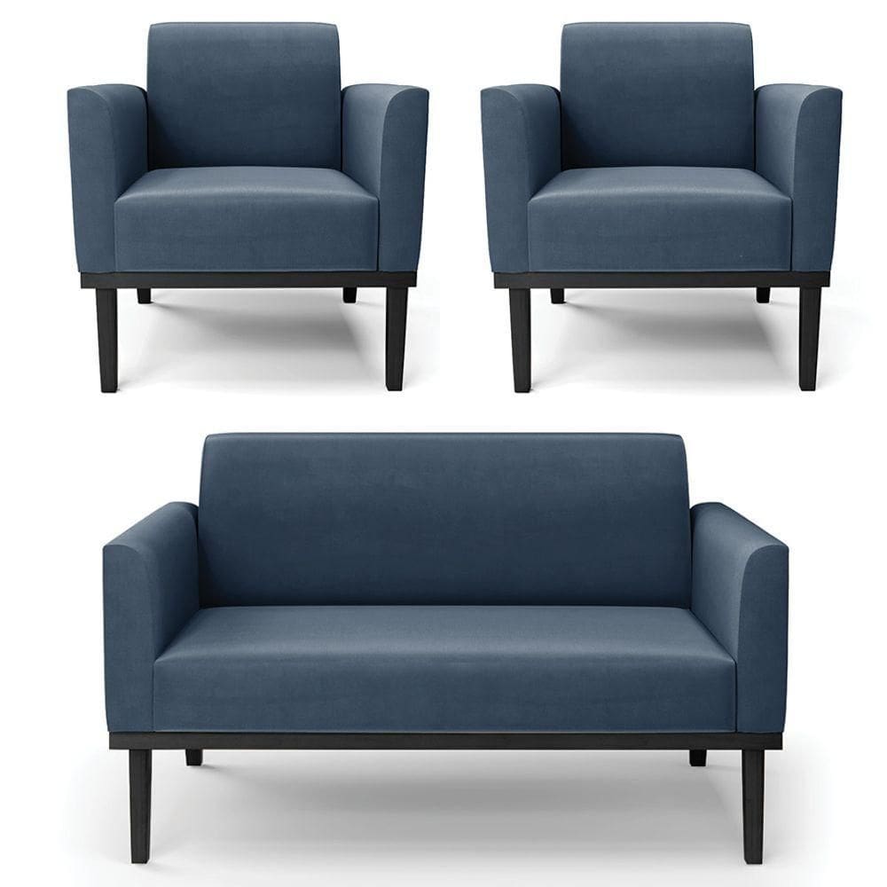 Sofá Namoradeira E 2 Poltronas Base Madeira Preto Maressa Suede Azul Marinho