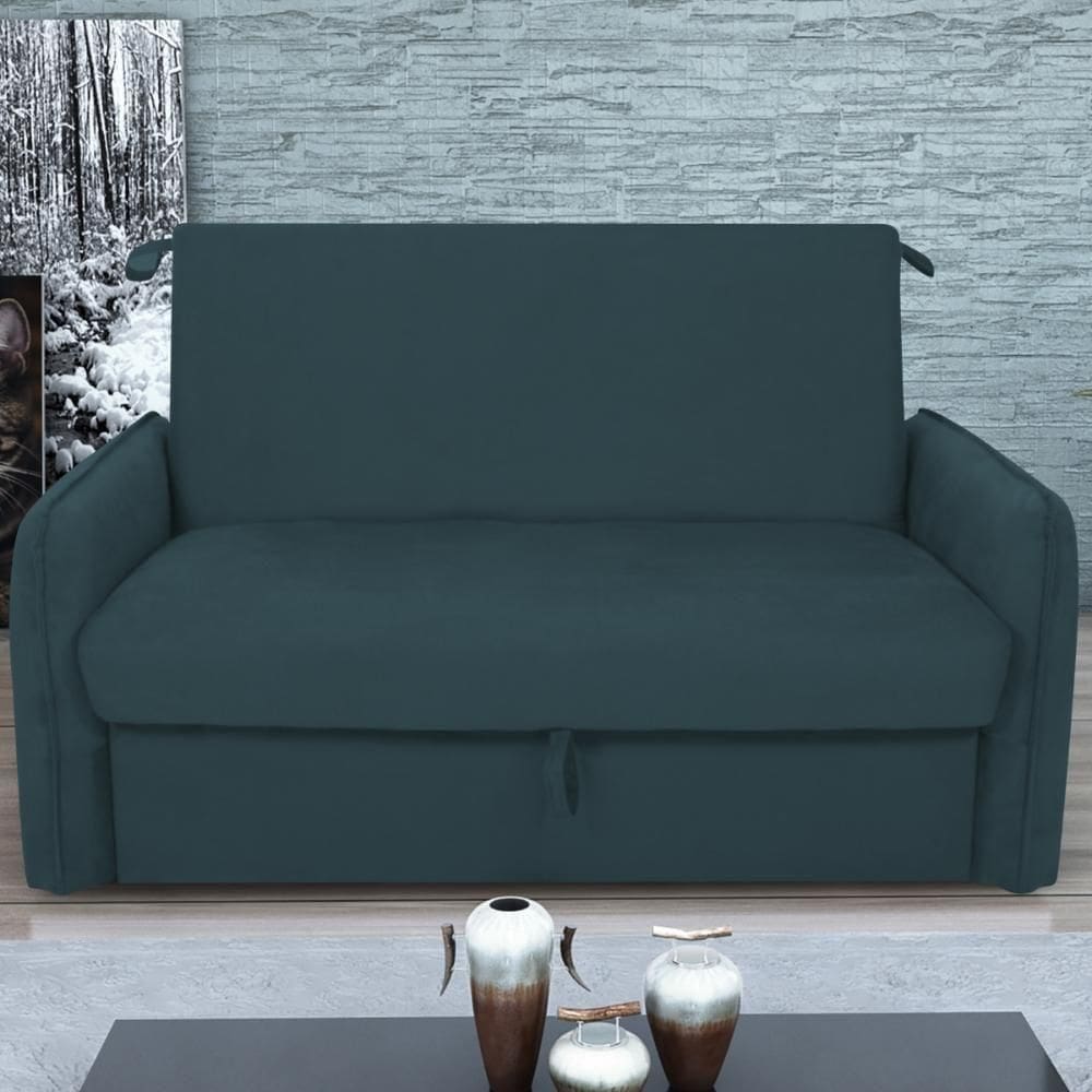 Sofá Cama Com Baú 2 Lugares Furbogh Suede Petróleo