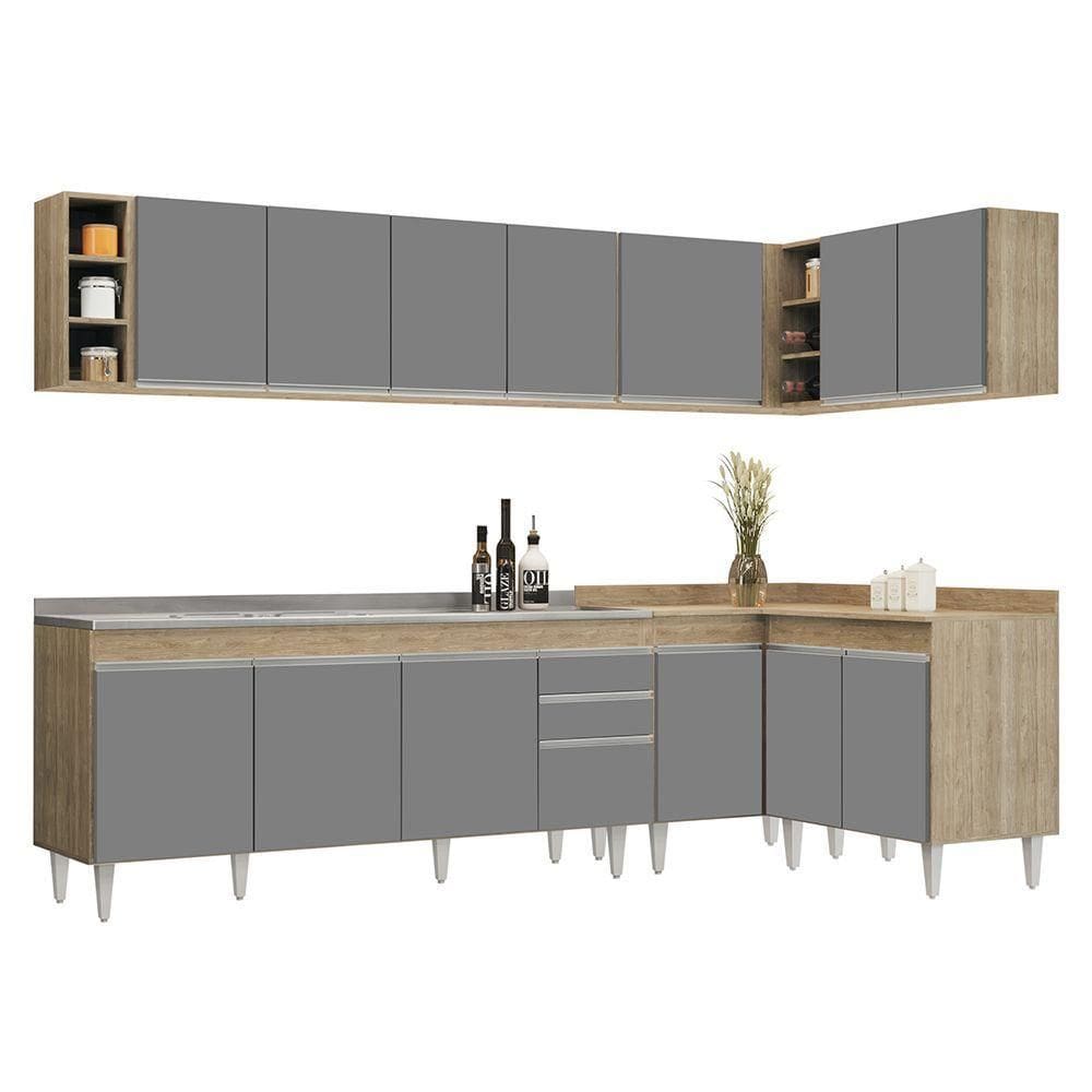 Armário De Cozinha Modulado De Canto 7 Peças Cp36 Com Pia Inox Castanho-cinza - Lumil