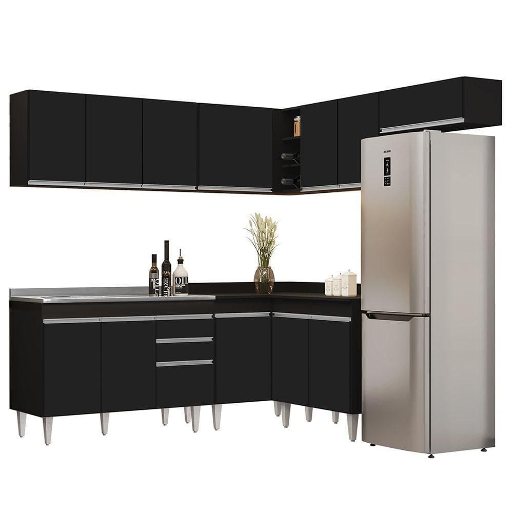 Armário De Cozinha Modulado De Canto 7 Peças Cp21 Com Pia Inox Preto