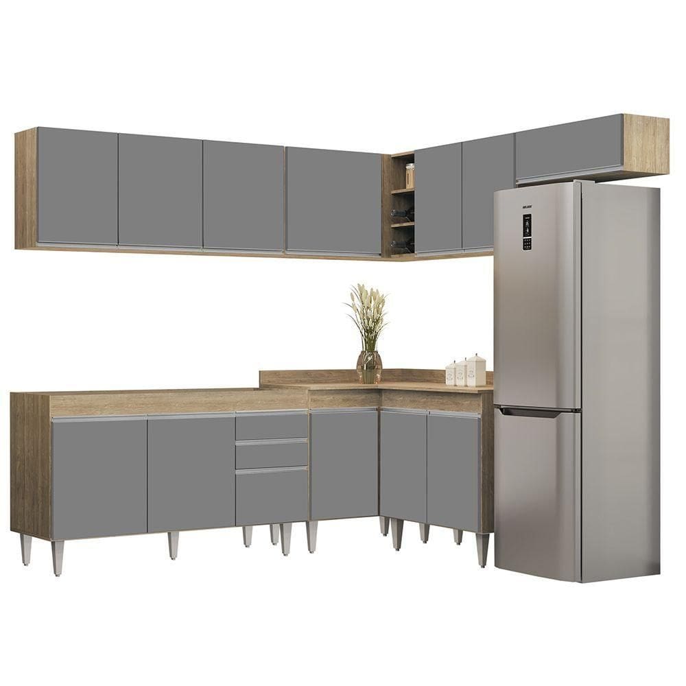 Armário De Cozinha Modulado De Canto 7 Peças Cp22 Balcão Sem Tampo Castanho-cinza - Lumil
