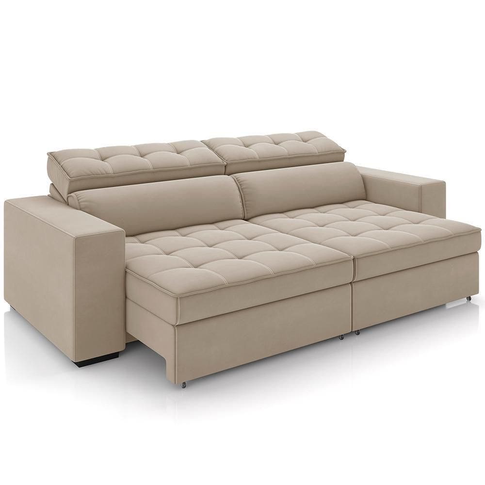 Sofá Retrátil Reclinável Para Sala De Estar Living 246cm Clara M03 Veludo Bege