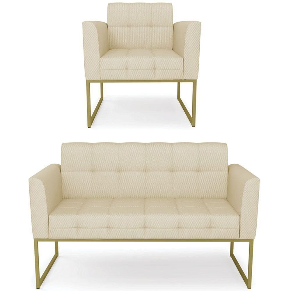 Sofá Namoradeira E 1 Poltrona Base Industrial Dourado Ana Veludo Luxo Off White
