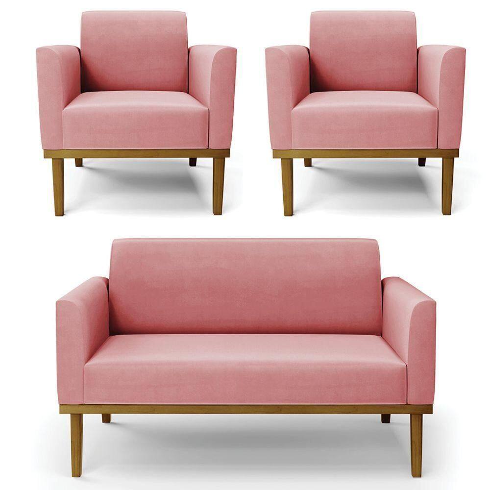 Sofá Namoradeira E 2 Poltronas Base Madeira Castanho Maressa Suede Rosê