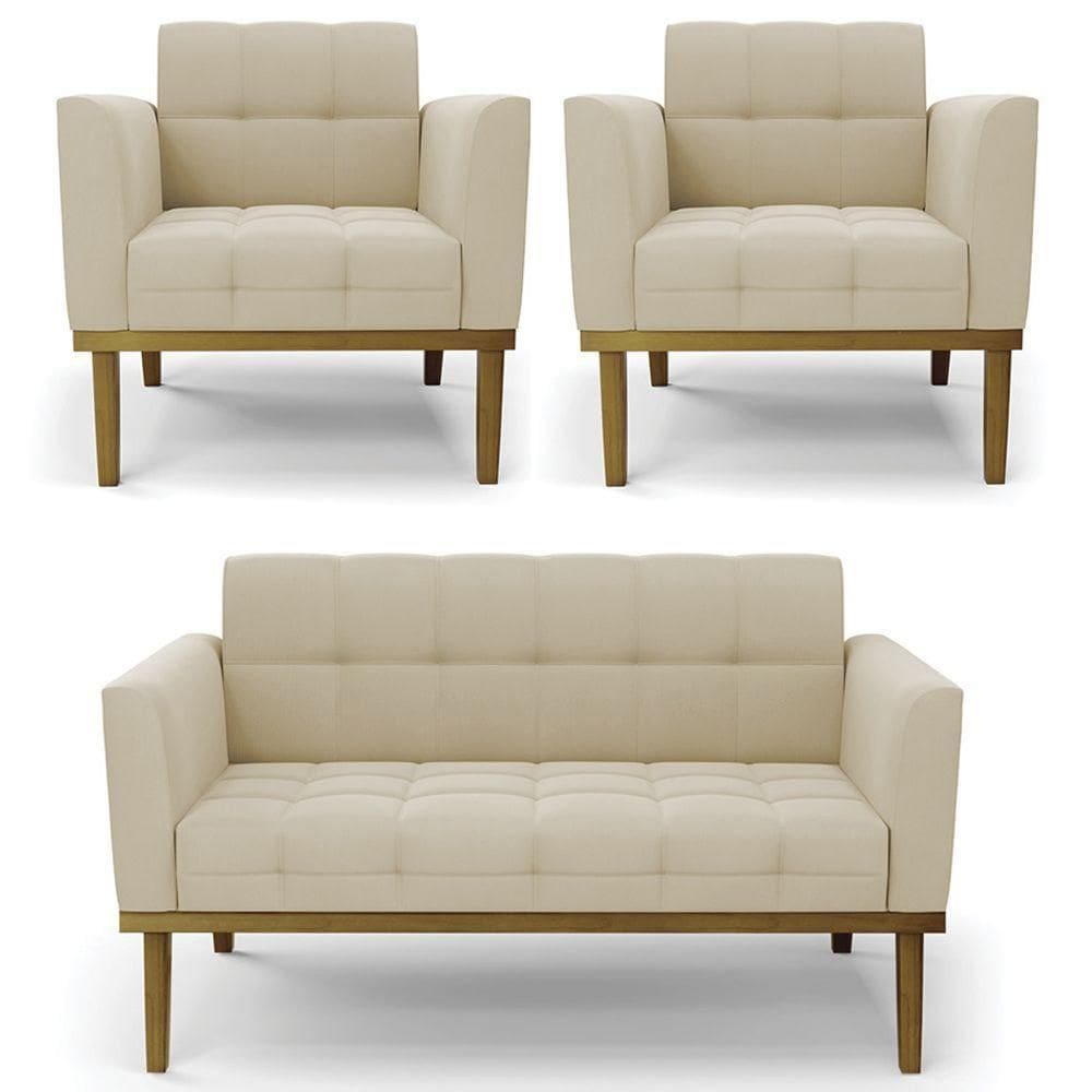 Sofá Namoradeira E 2 Poltronas Base Madeira Castanho Ana Suede Bege